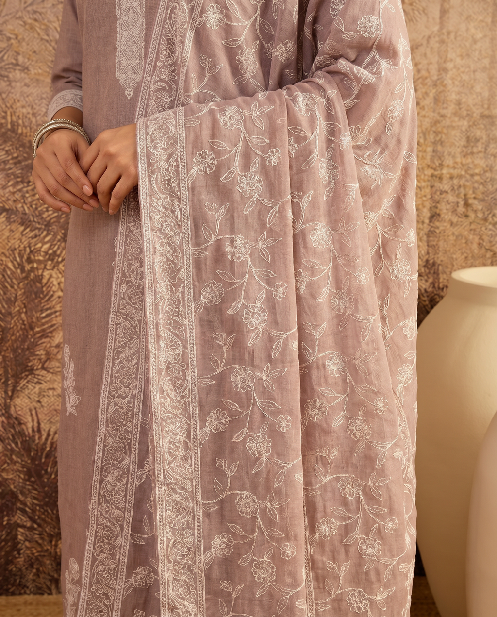 Brown Embroidered Salwar Suit Set with White Detail - dupatta