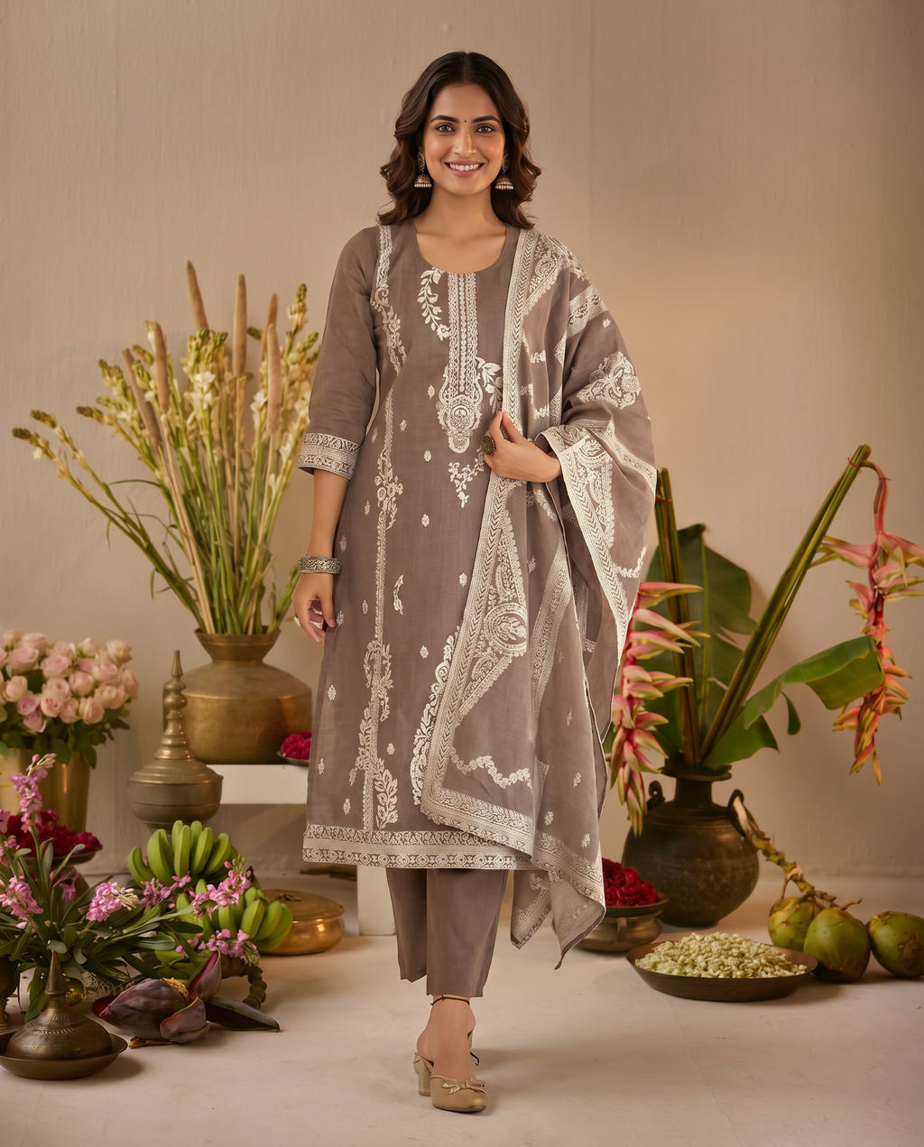 Brown Embroidered-Style Salwar Suit Set - front