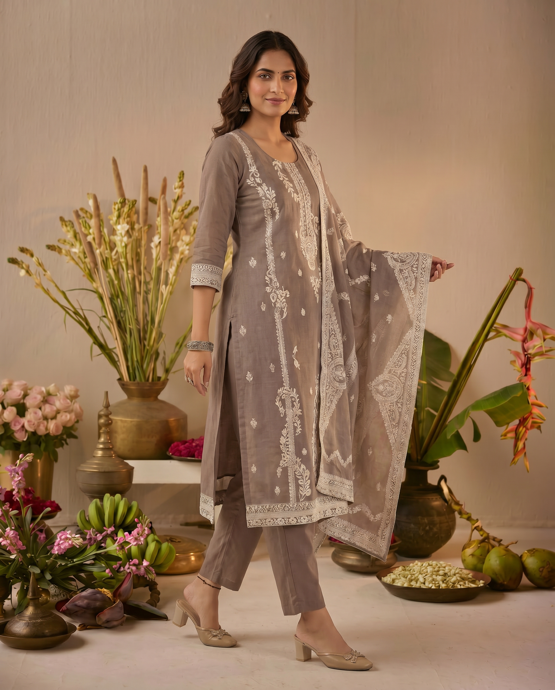 Brown Embroidered-Style Salwar Suit Set - side