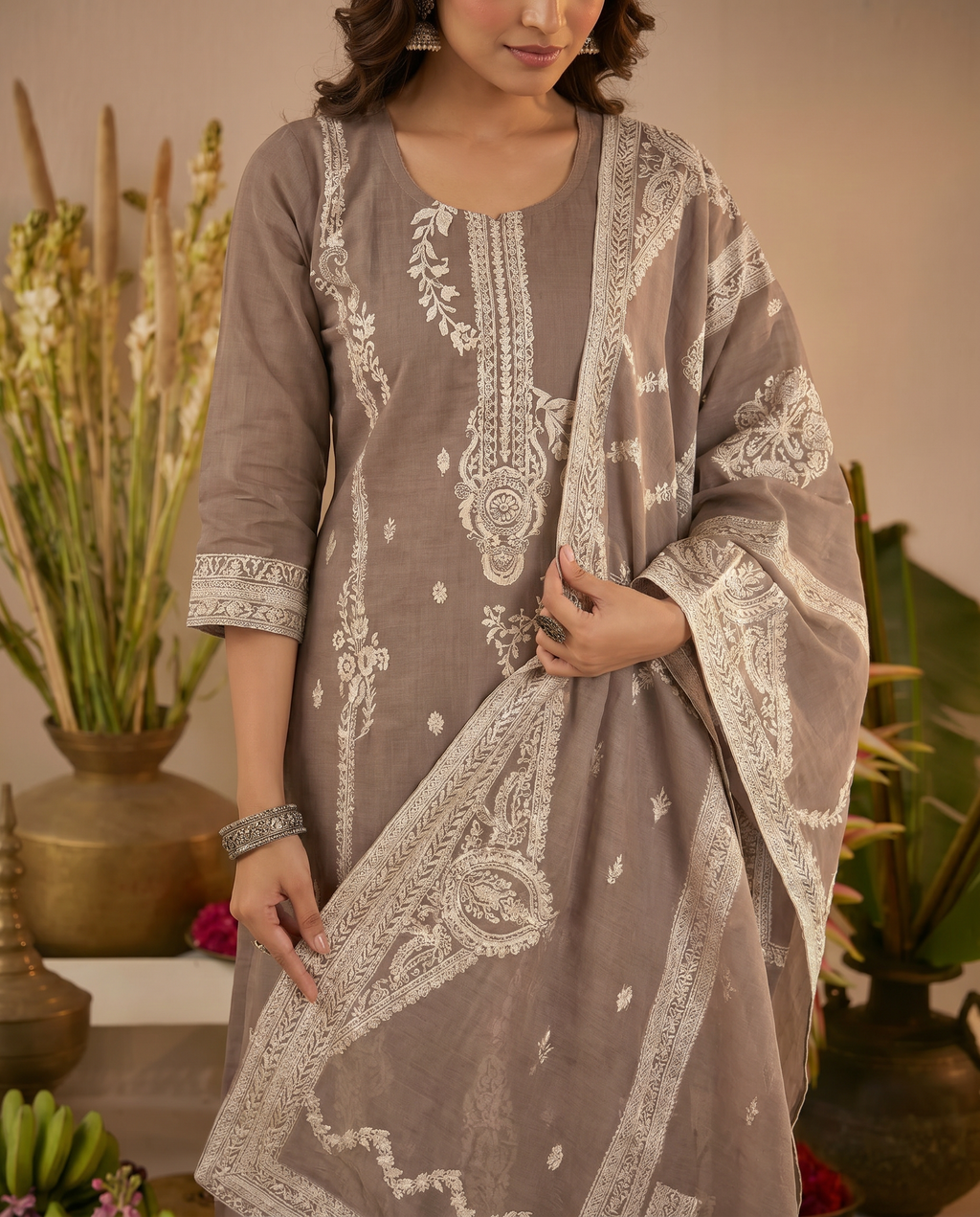 Brown Embroidered-Style Salwar Suit Set - closeup