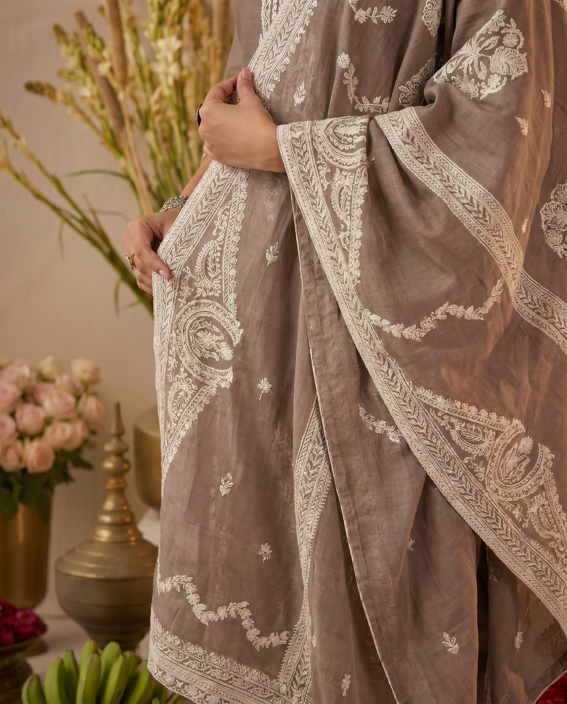 Brown Embroidered-Style Salwar Suit Set - dupatta