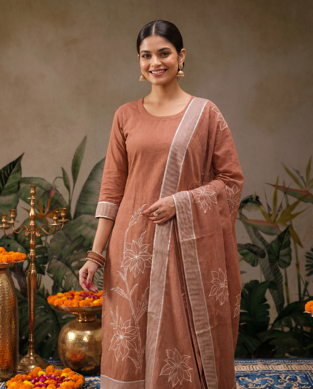 Brown Floral Salwar Suit Set - front