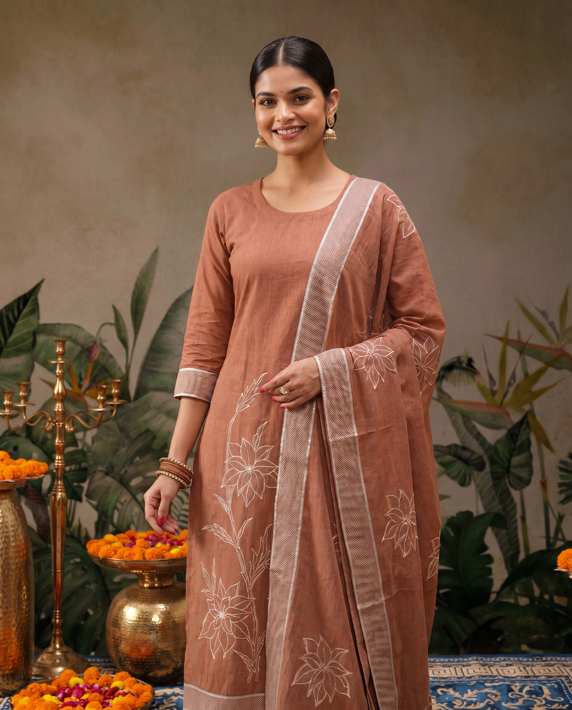 Brown Floral Salwar Suit Set - front