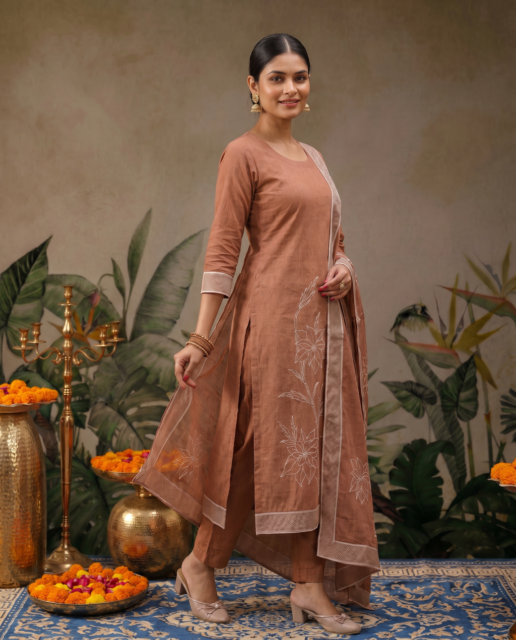 Brown Floral Salwar Suit Set - side