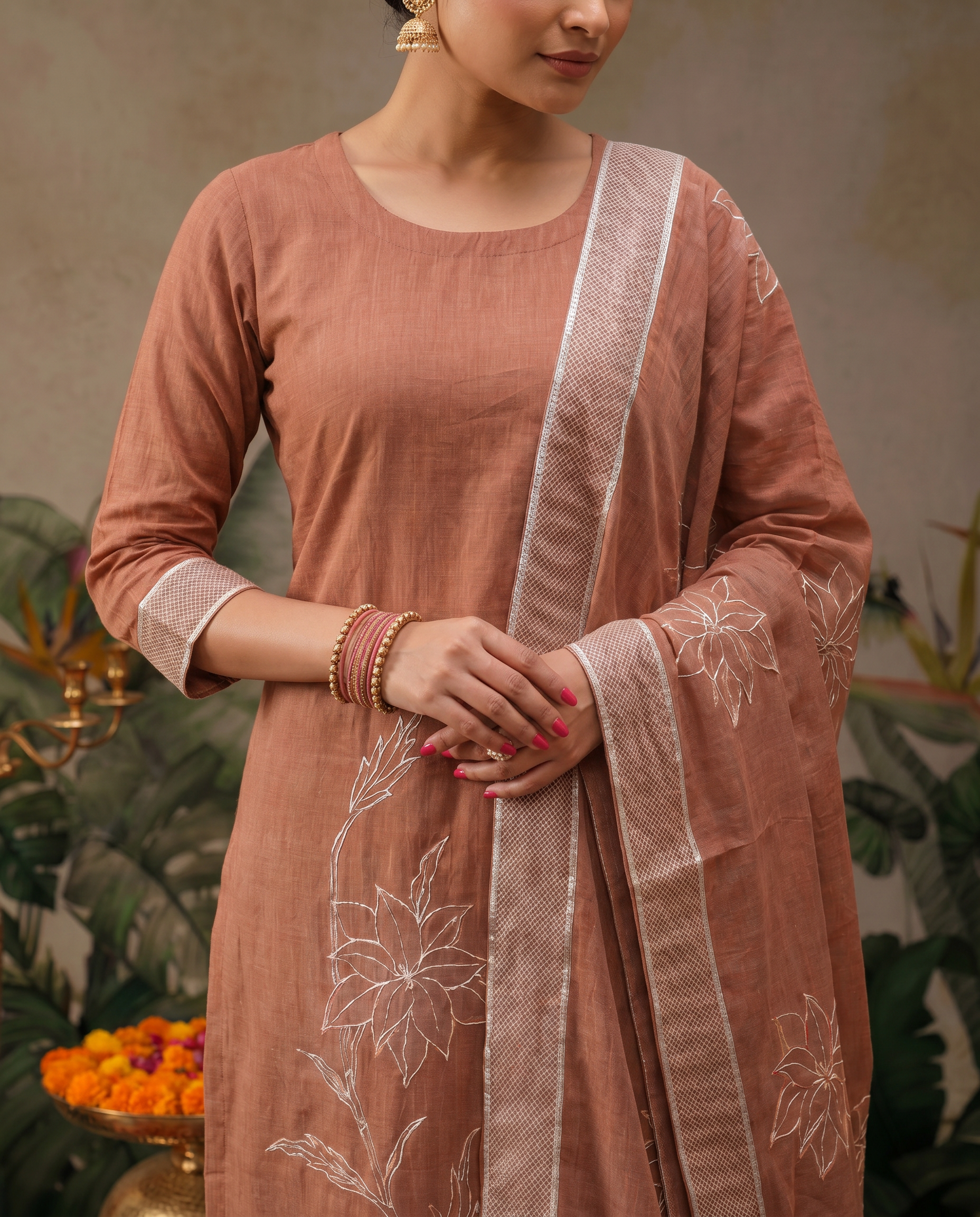 Brown Floral Salwar Suit Set - closeup