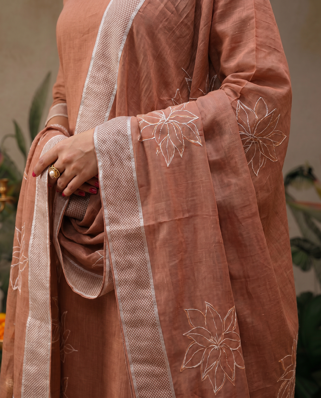 Brown Floral Salwar Suit Set - dupatta
