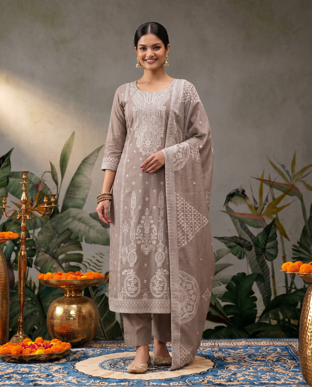 Brown White Embroidered Salwar Suit Set - front