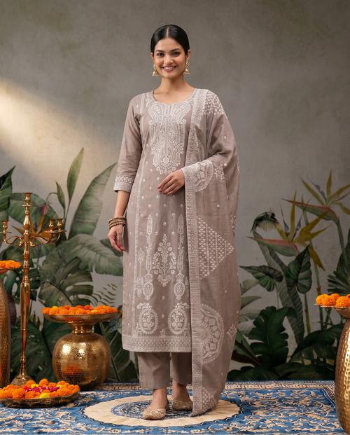 Brown White Embroidered Salwar Suit Set - front