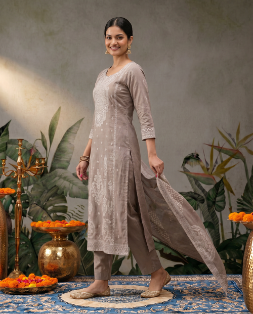 Brown White Embroidered Salwar Suit Set - side