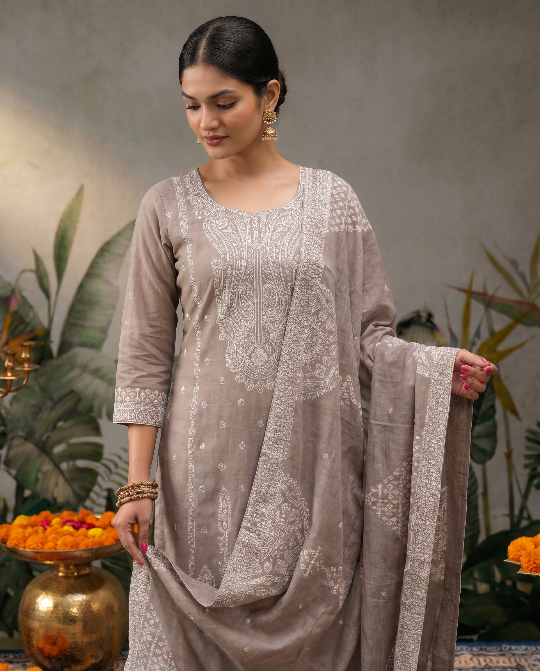 Brown White Embroidered Salwar Suit Set - closeup