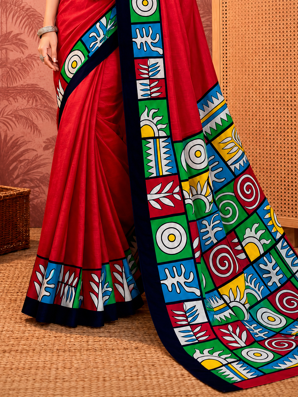 Beige Mulmul Cotton Saree with Maroon Block Print