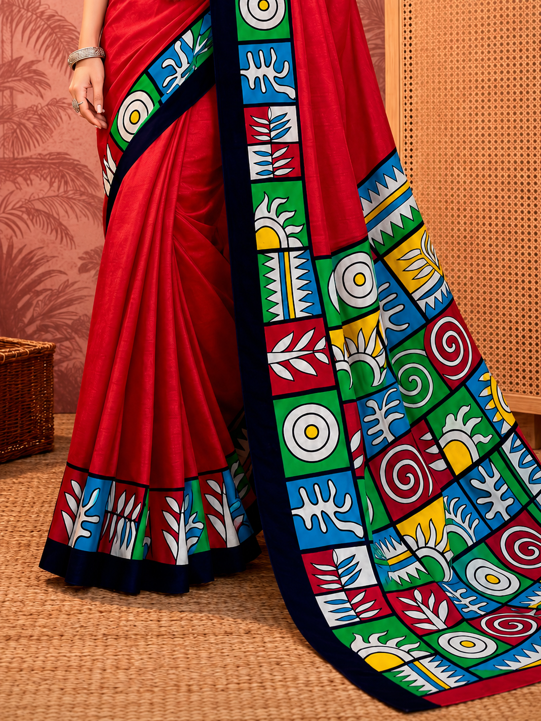 Beige Mulmul Cotton Saree with Maroon Block Print