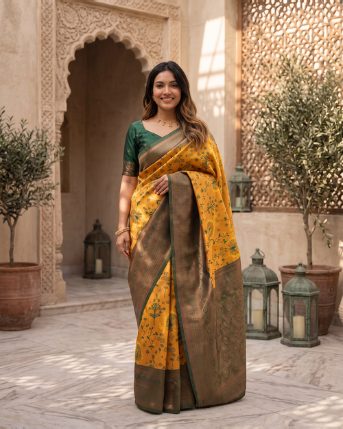 Charcoal Mustard Silk Saree with Statement Yellow Pallu - full saree hero
