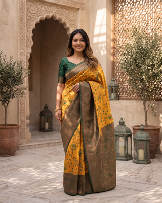 Charcoal Mustard Silk Saree with Statement Yellow Pallu