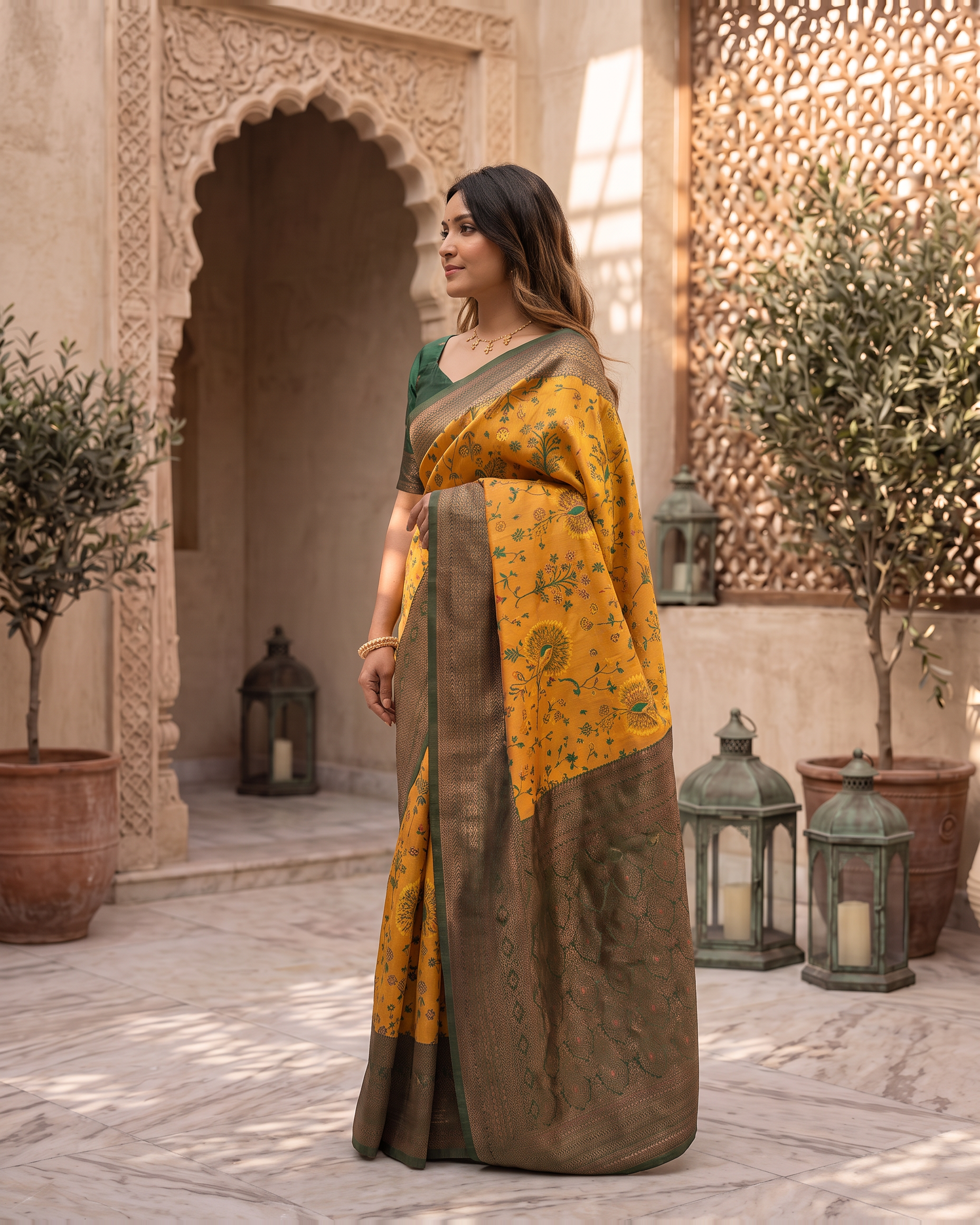 Charcoal Mustard Silk Saree with Statement Yellow Pallu - side drape