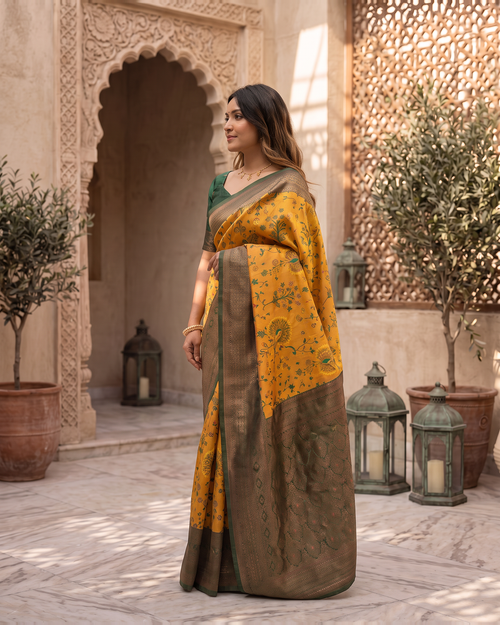 Charcoal Mustard Silk Saree with Statement Yellow Pallu - side drape