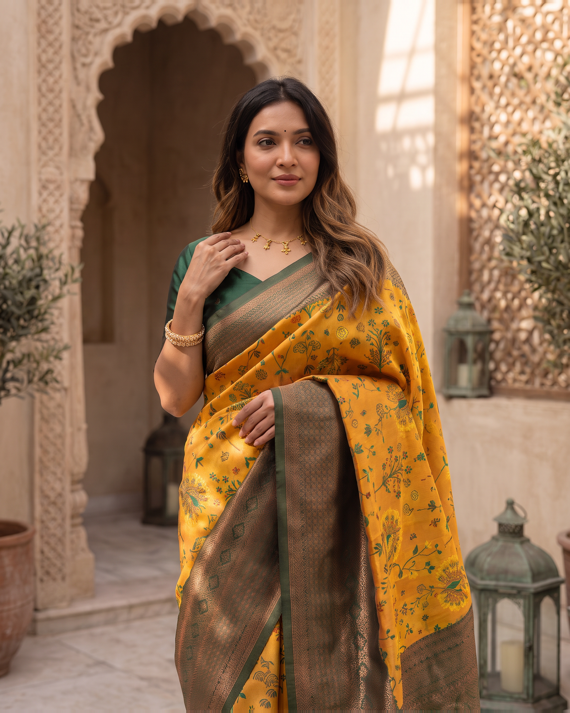 Charcoal Mustard Silk Saree with Statement Yellow Pallu - upper closeup