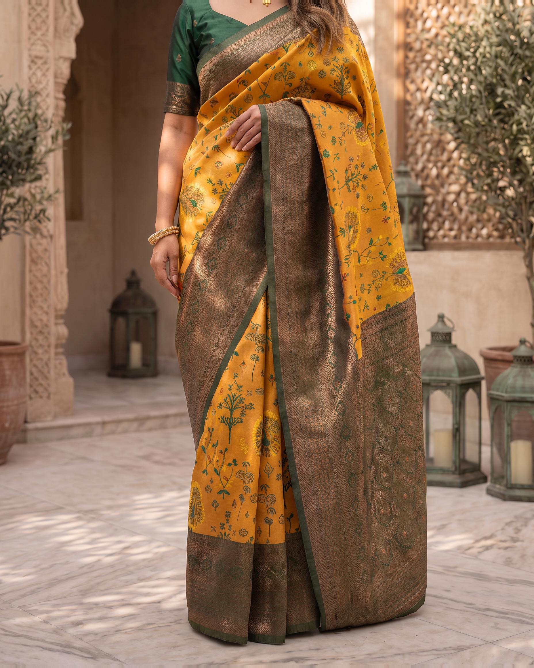 Charcoal Mustard Silk Saree with Statement Yellow Pallu - lower closeup