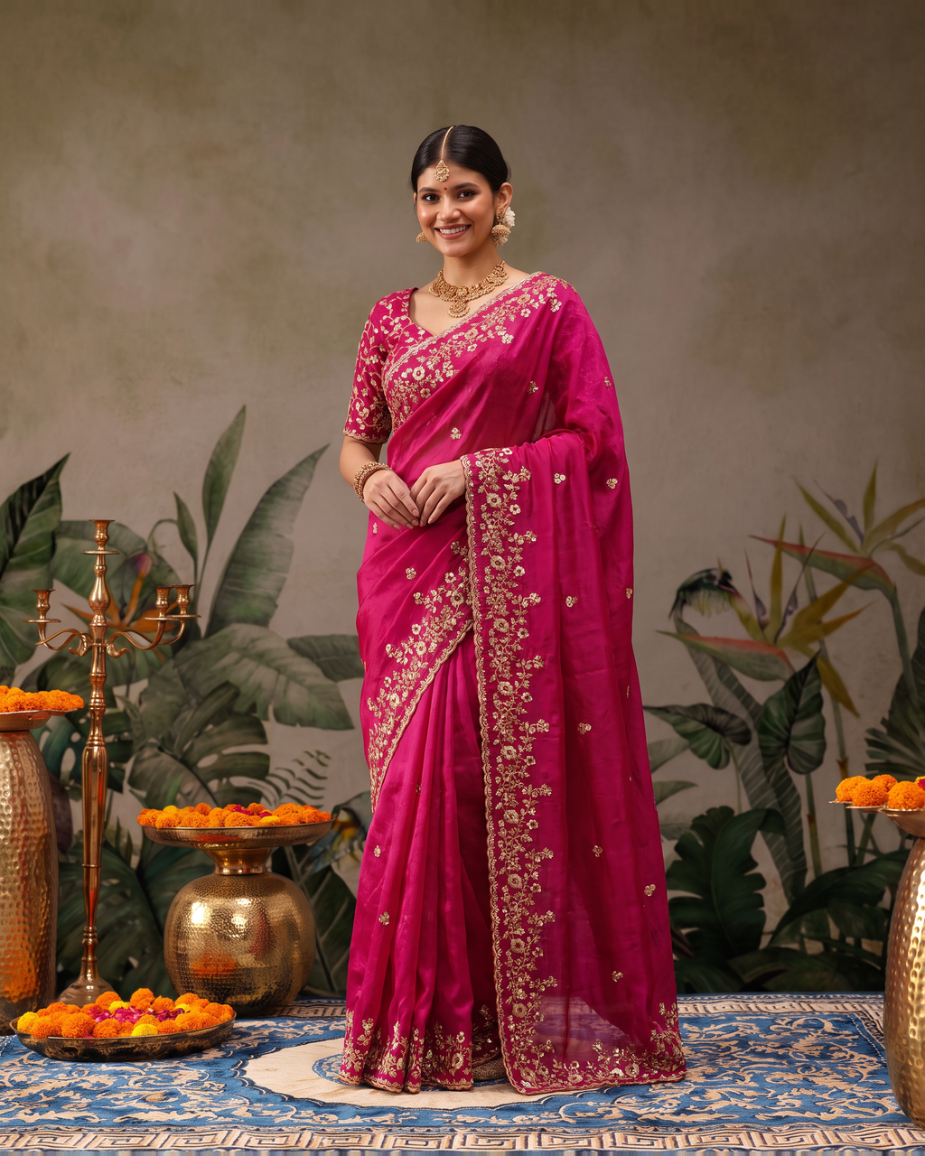 Anvitha Floral Vine Festive Saree with Rich Embroidered Border - Pink - full saree hero