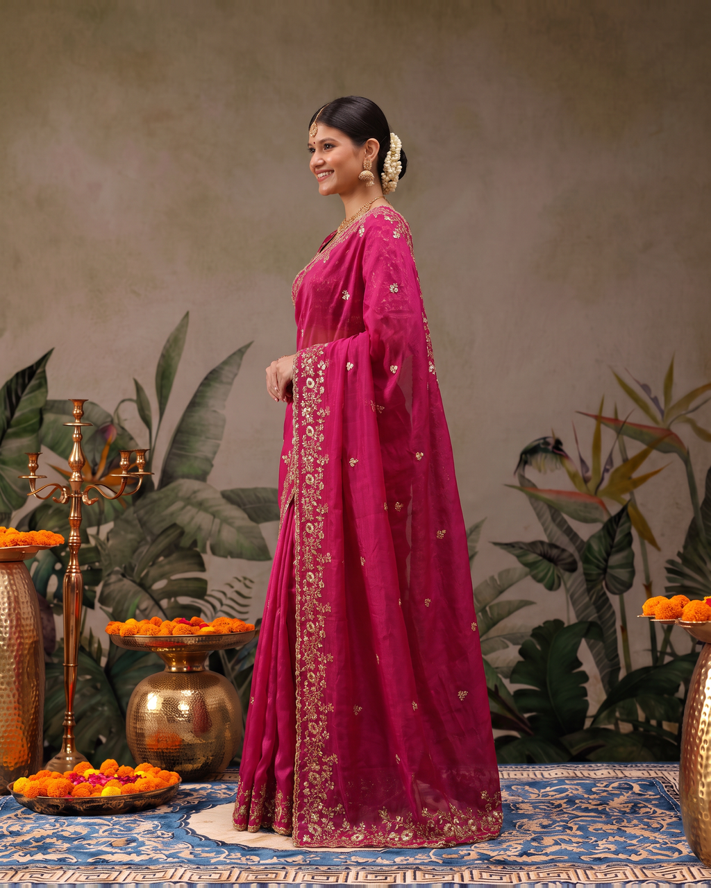 Anvitha Floral Vine Festive Saree with Rich Embroidered Border - Pink - side