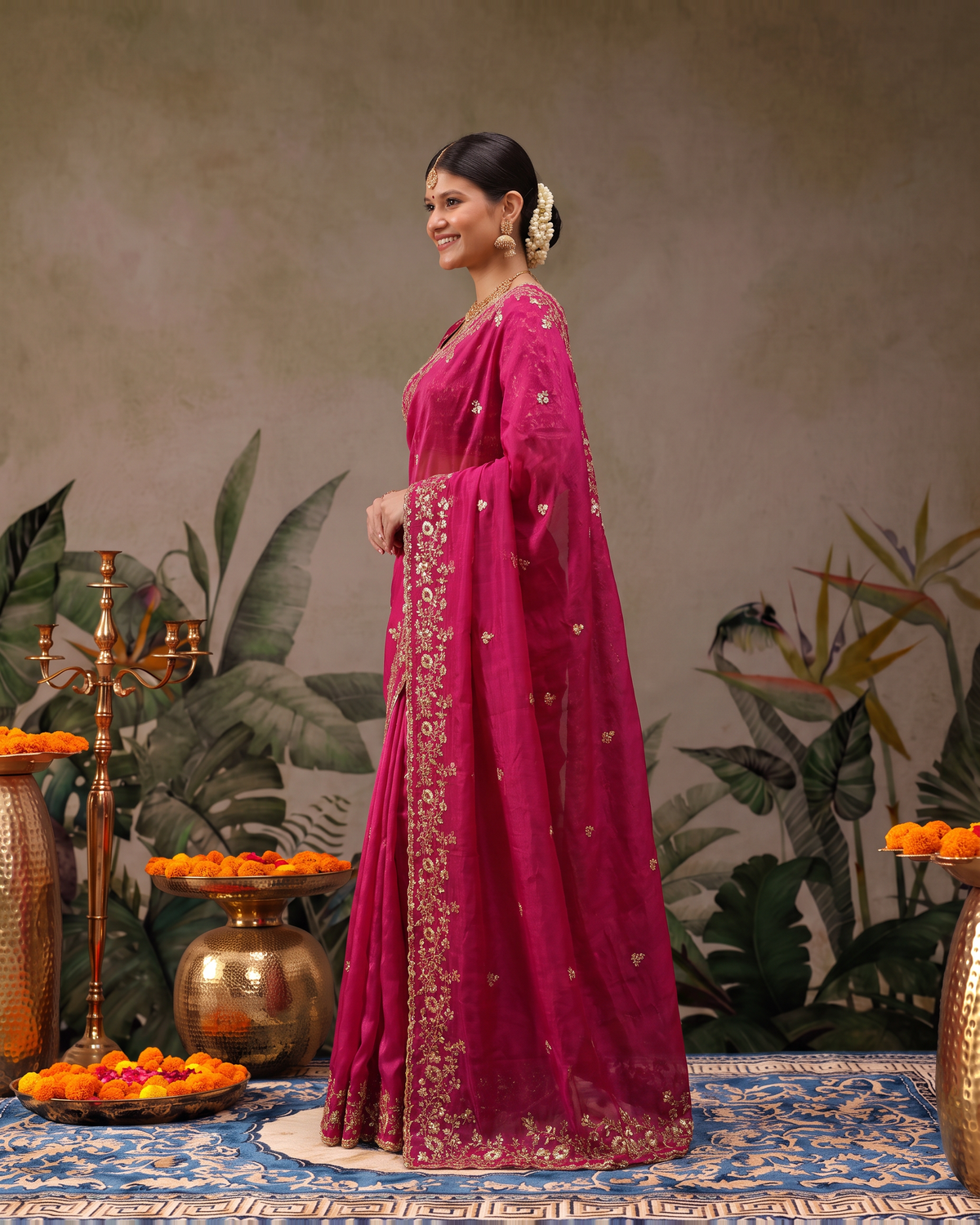 Anvitha Floral Vine Festive Saree with Rich Embroidered Border - Pink - side