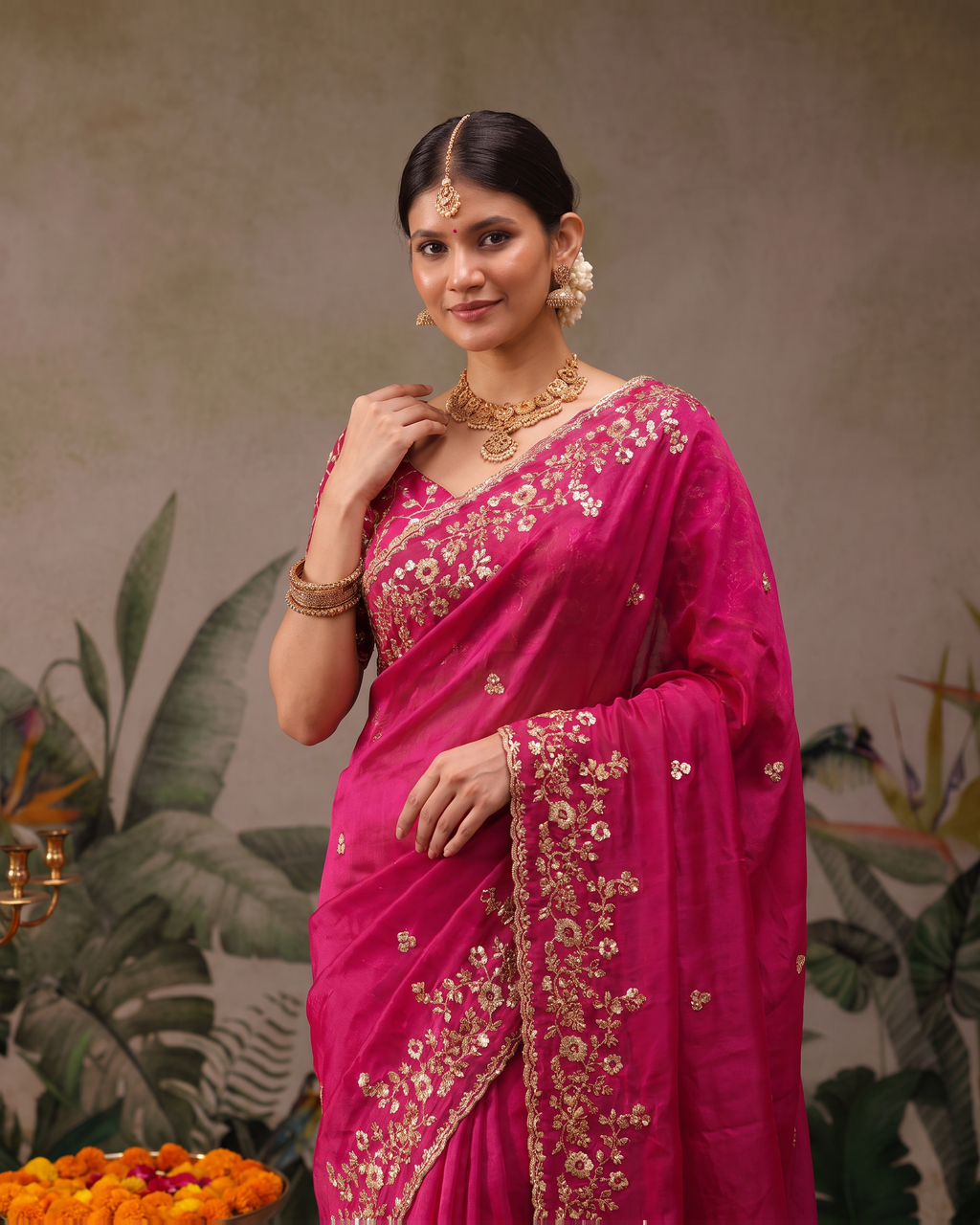 Anvitha Floral Vine Festive Saree with Rich Embroidered Border - Pink - upper closeup