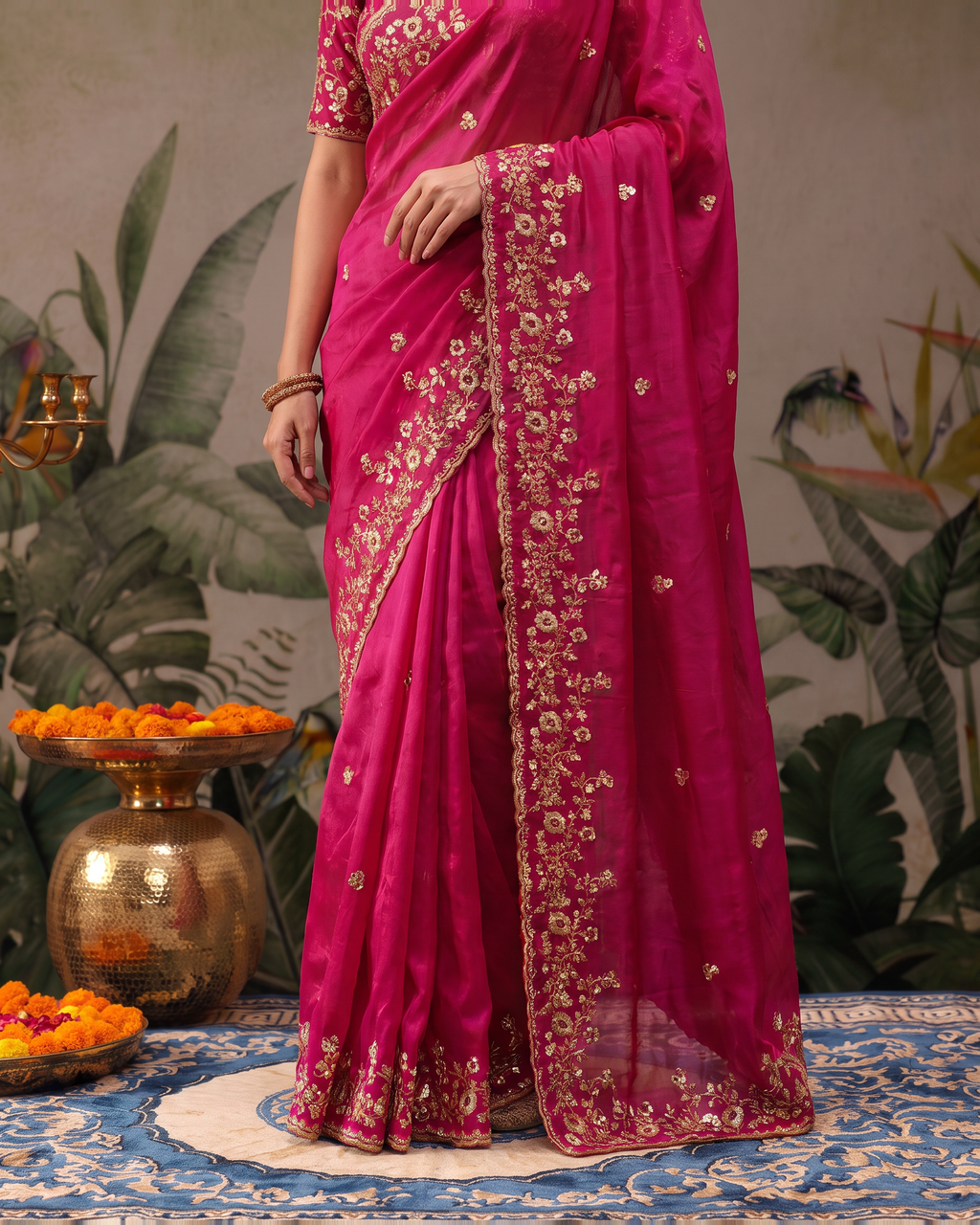 Anvitha Floral Vine Festive Saree with Rich Embroidered Border - Pink - lower closeup