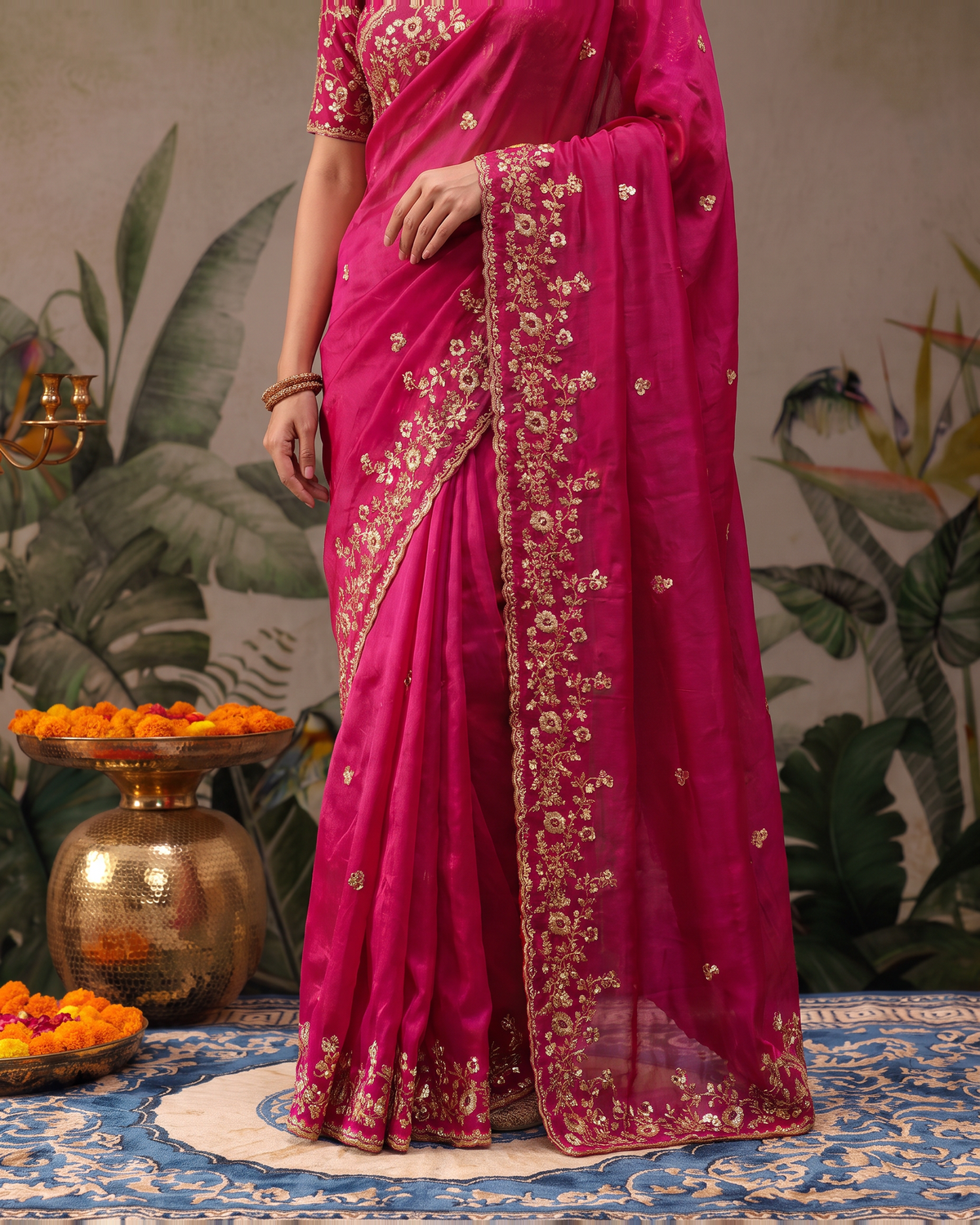 Anvitha Floral Vine Festive Saree with Rich Embroidered Border - Pink - lower closeup
