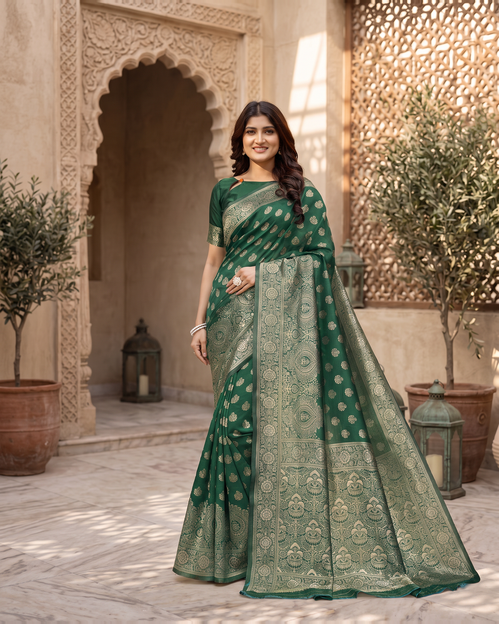 Charulata Medallion Motif Silk Saree - Dark Green - full saree hero