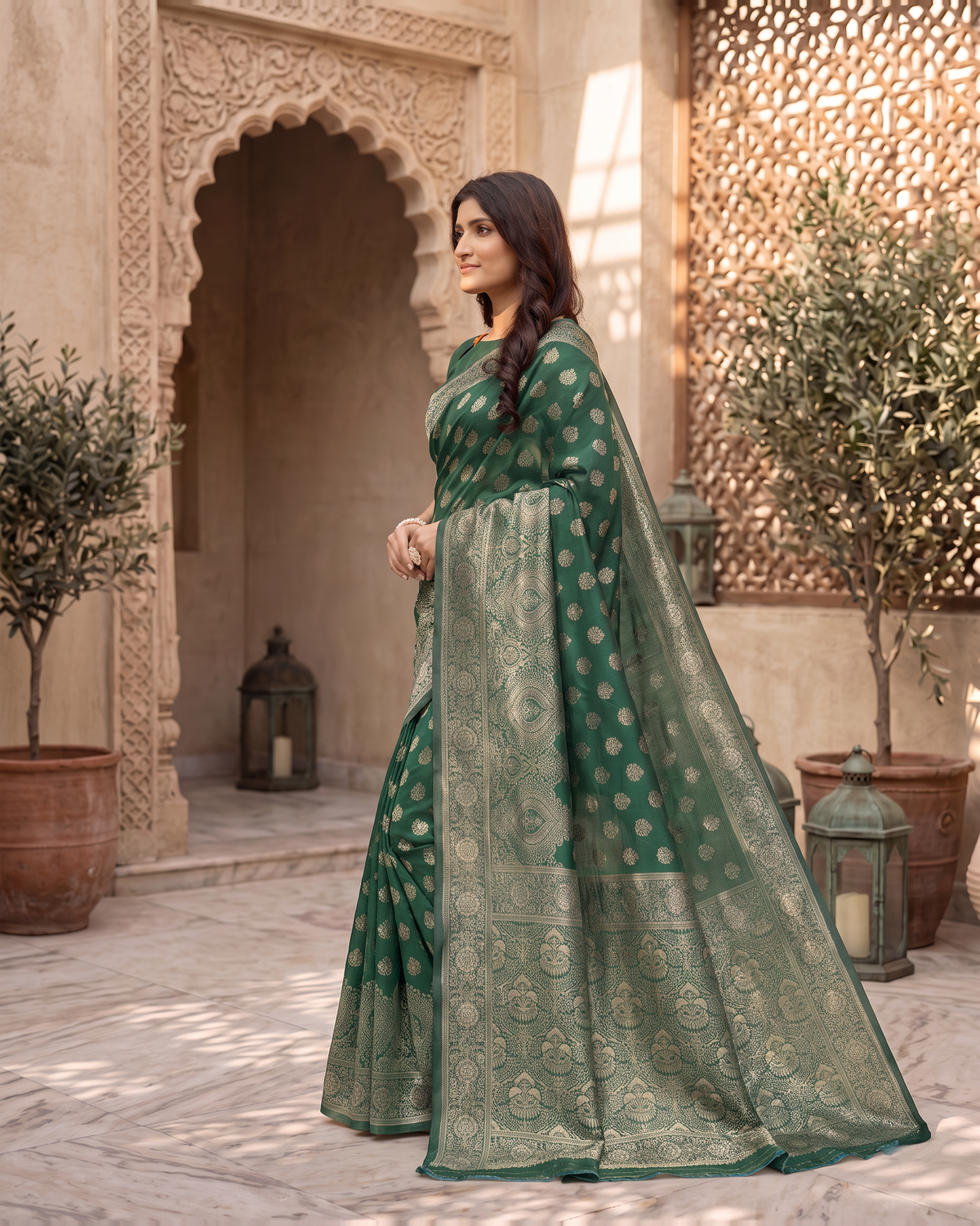 Charulata Medallion Motif Silk Saree - Dark Green - side drape