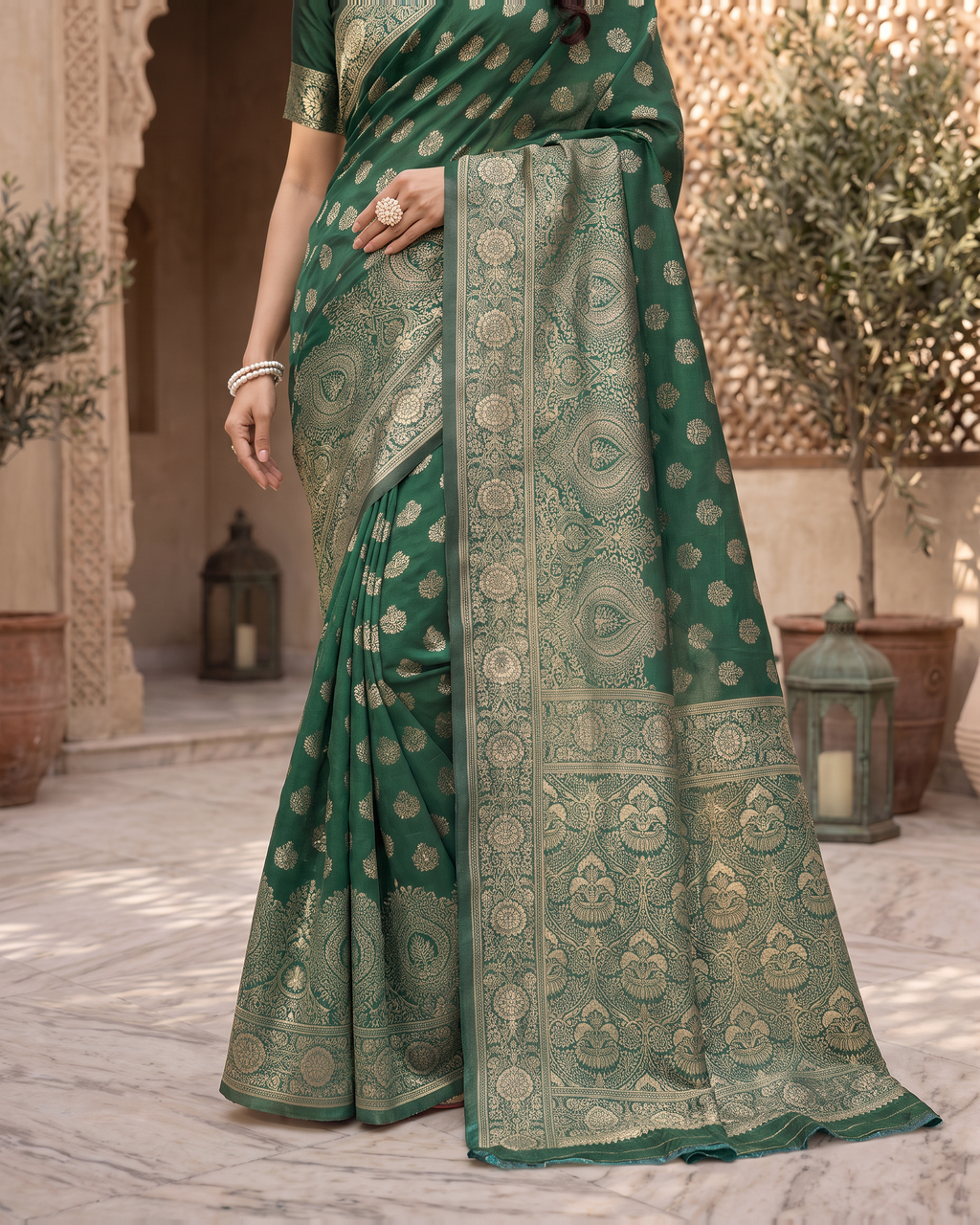 Charulata Medallion Motif Silk Saree - Dark Green - lower border closeup