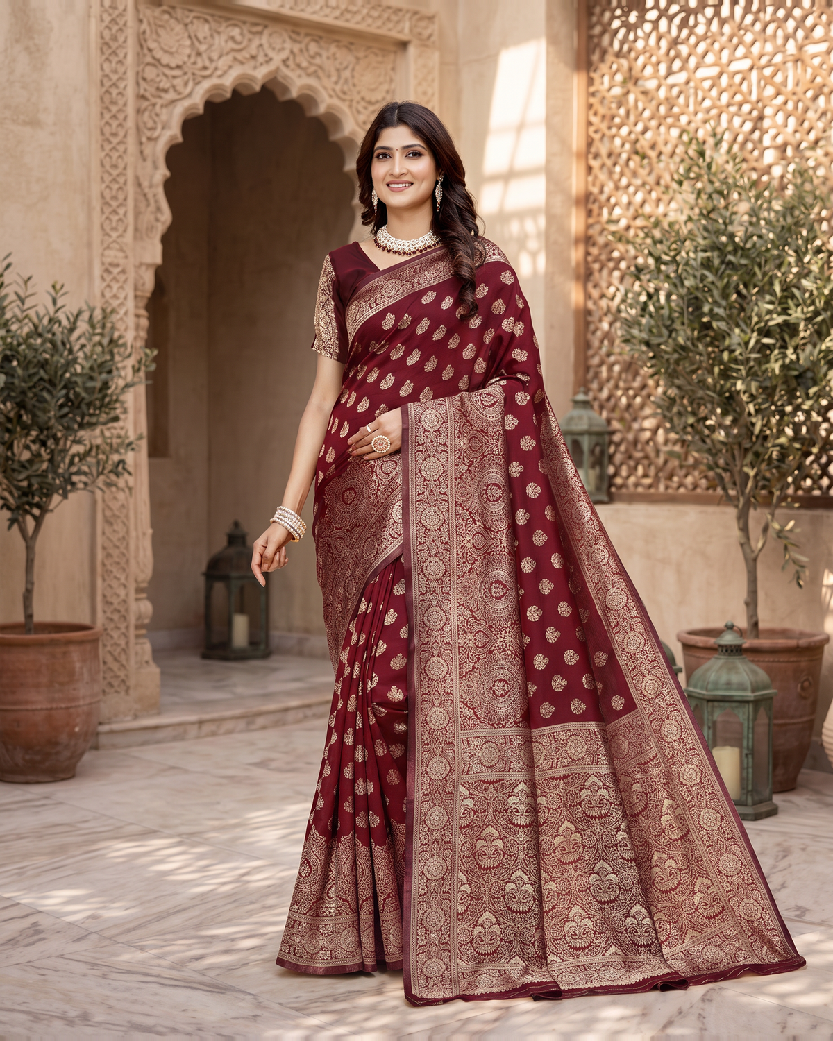 Charulata Medallion Motif Silk Saree - Maroon - full saree hero