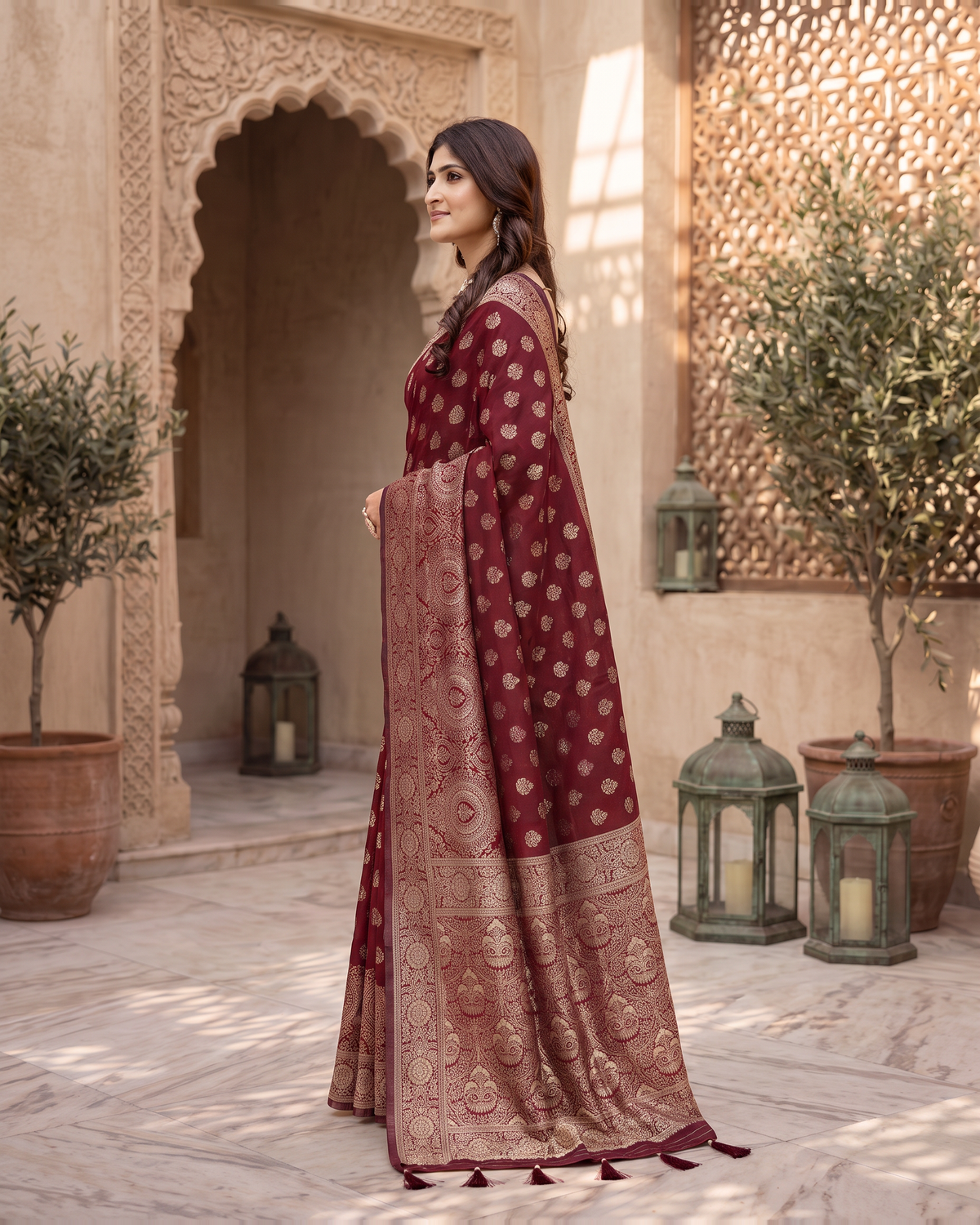 Charulata Medallion Motif Silk Saree - Maroon - side drape