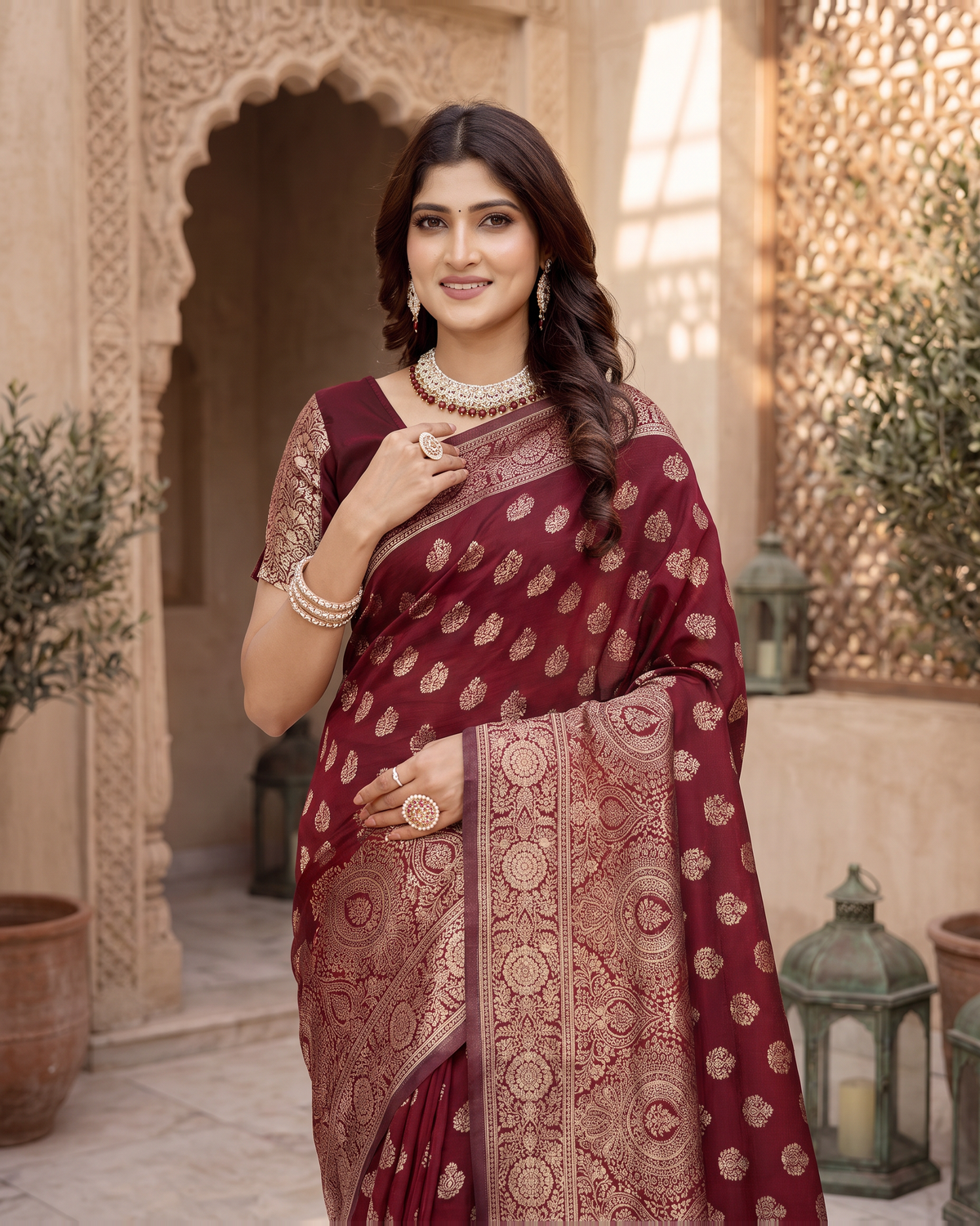 Charulata Medallion Motif Silk Saree - Maroon - upper closeup