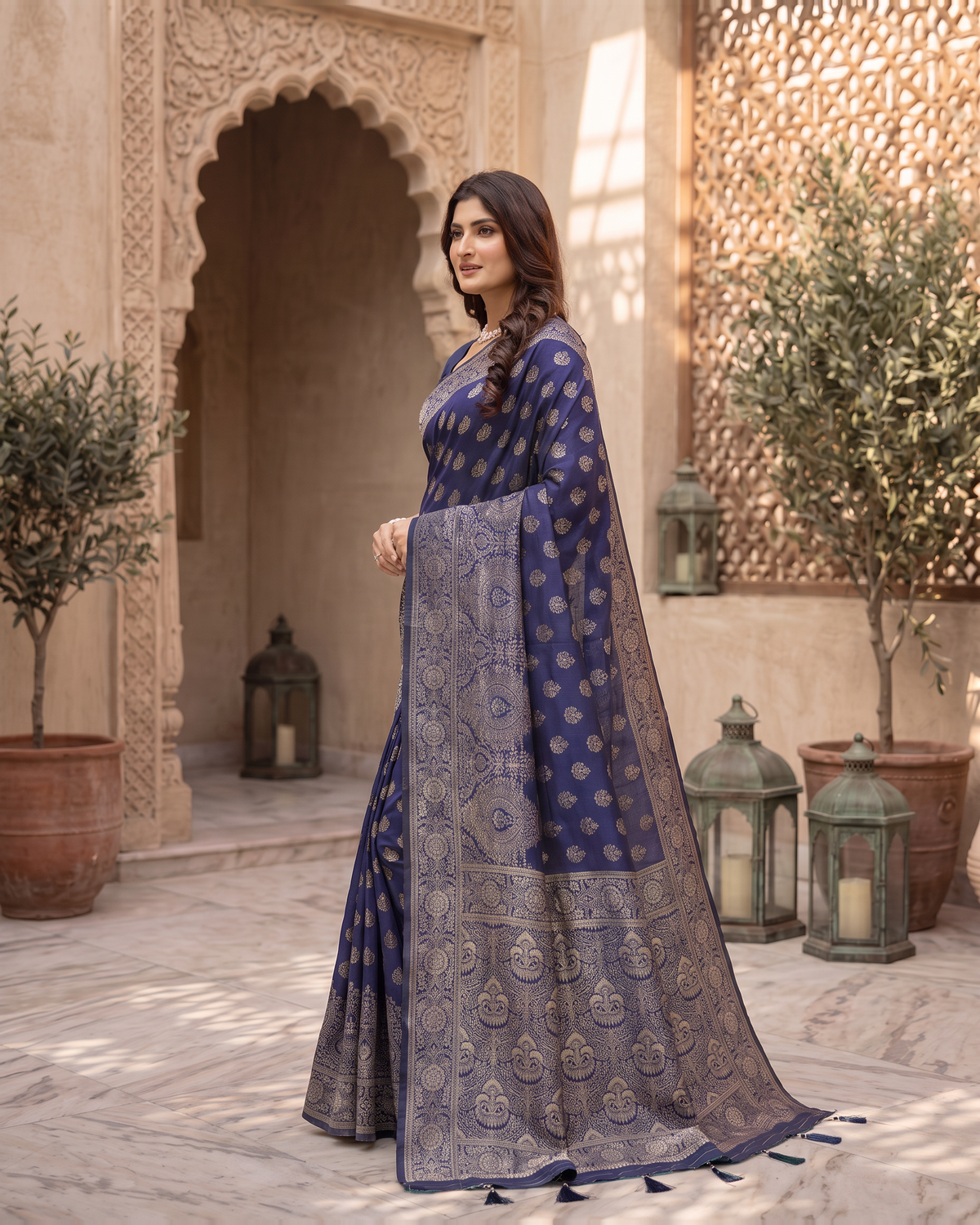 Charulata Medallion Motif Silk Saree - Navy Blue - side drape