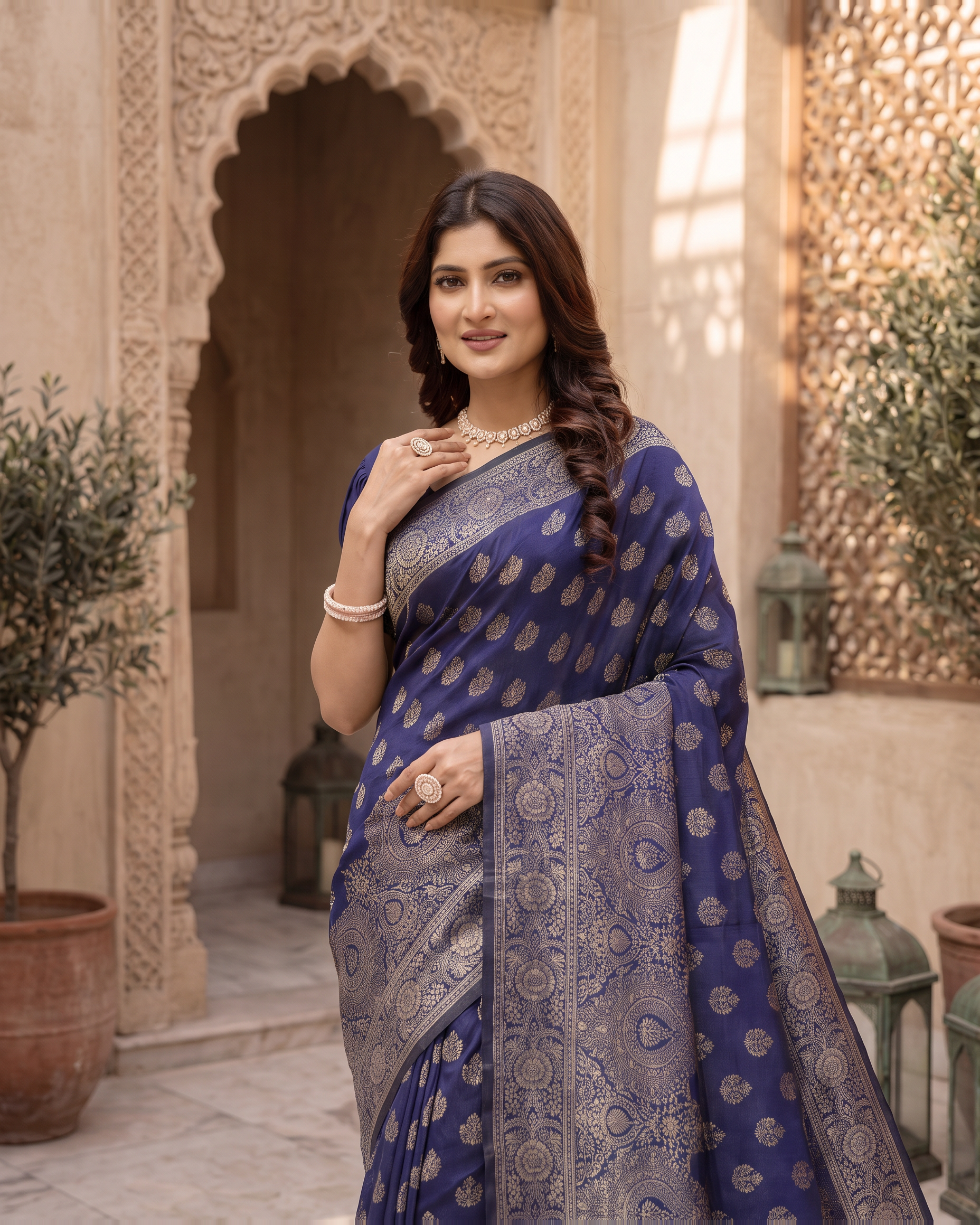 Charulata Medallion Motif Silk Saree - Navy Blue - upper closeup
