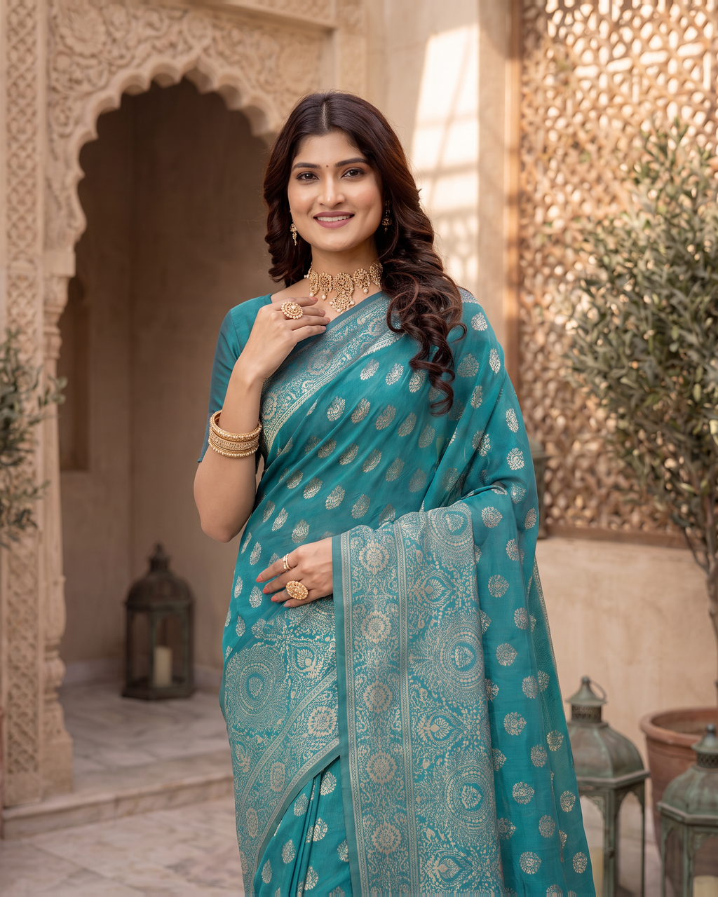 Charulata Medallion Motif Silk Saree - Rama Green - upper closeup