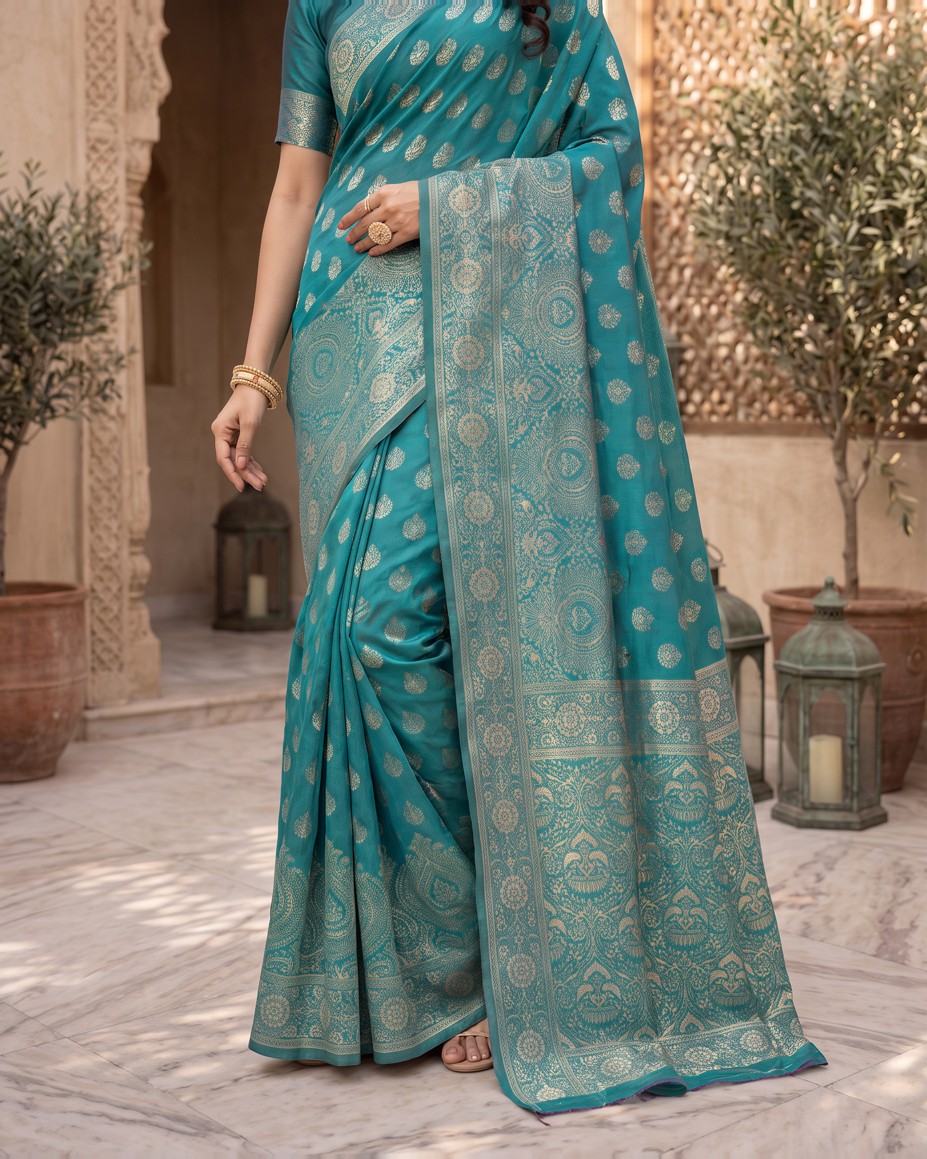 Charulata Medallion Motif Silk Saree - Rama Green - lower border closeup