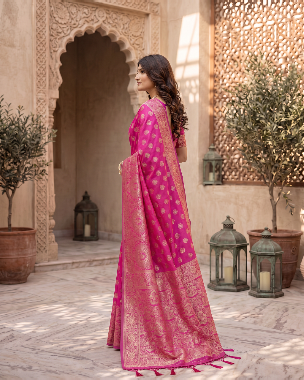 Charulata Medallion Motif Silk Saree - Rani Pink - side drape