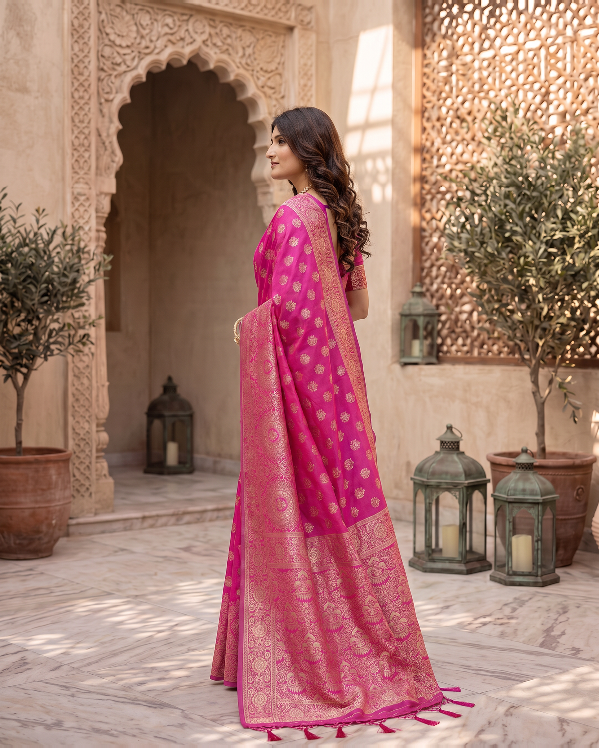 Charulata Medallion Motif Silk Saree - Rani Pink - side drape
