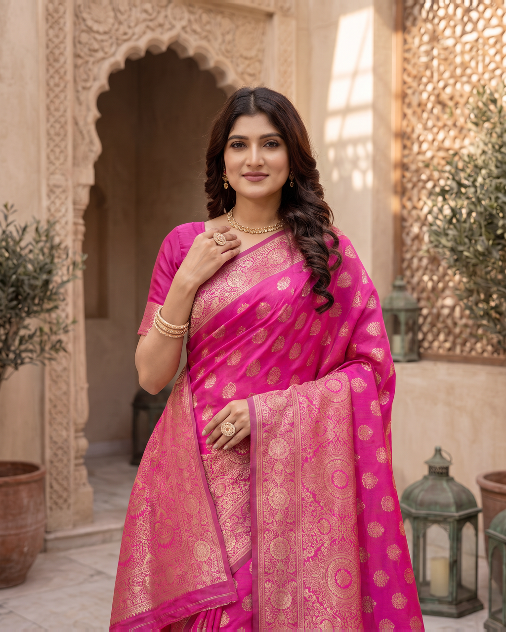 Charulata Medallion Motif Silk Saree - Rani Pink - upper closeup