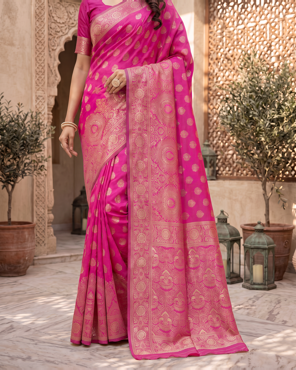 Charulata Medallion Motif Silk Saree - Rani Pink - lower border closeup