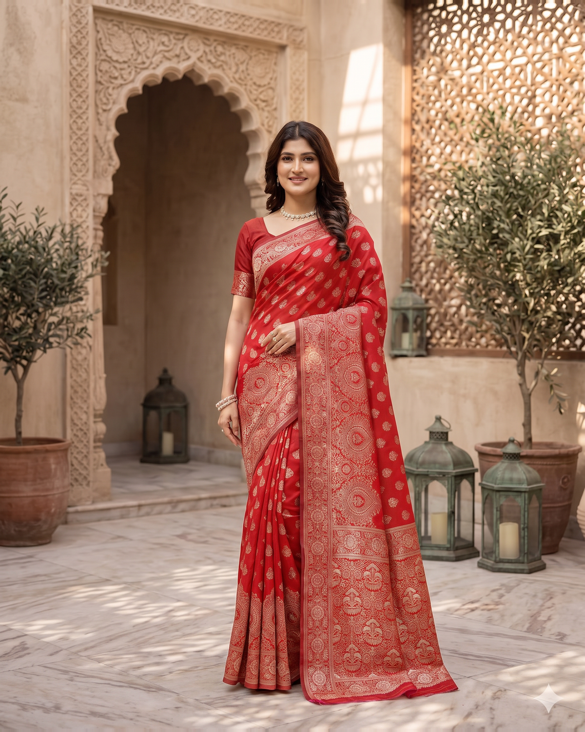 Charulata Medallion Motif Silk Saree - Red - full saree hero
