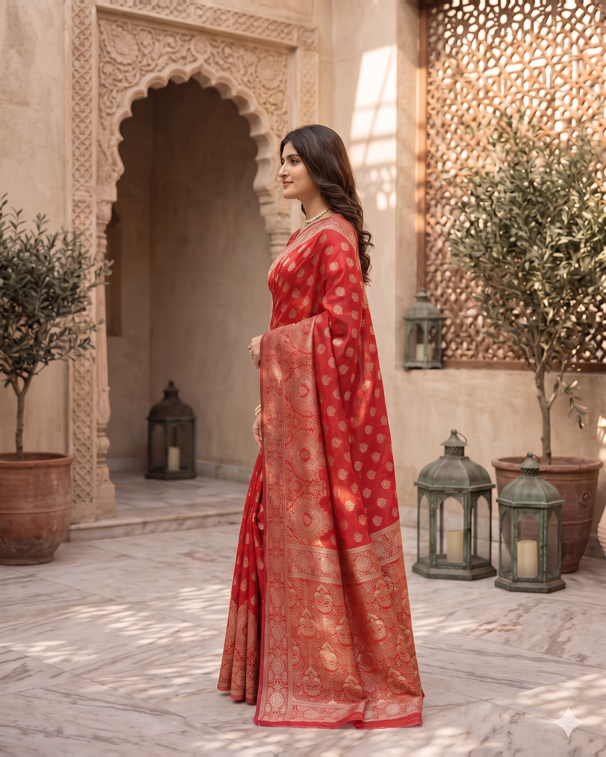 Charulata Medallion Motif Silk Saree - Red - side drape