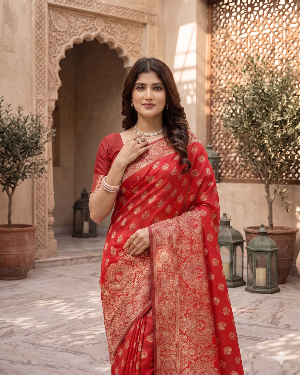 Charulata Medallion Motif Silk Saree - Red - upper closeup