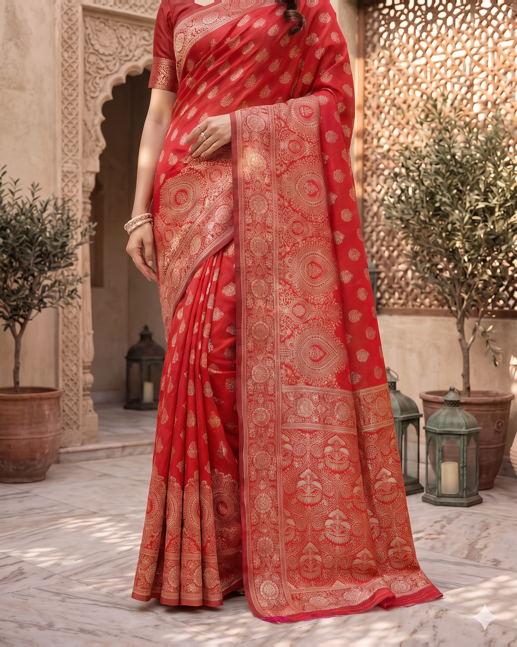 Charulata Medallion Motif Silk Saree - Red - lower border closeup