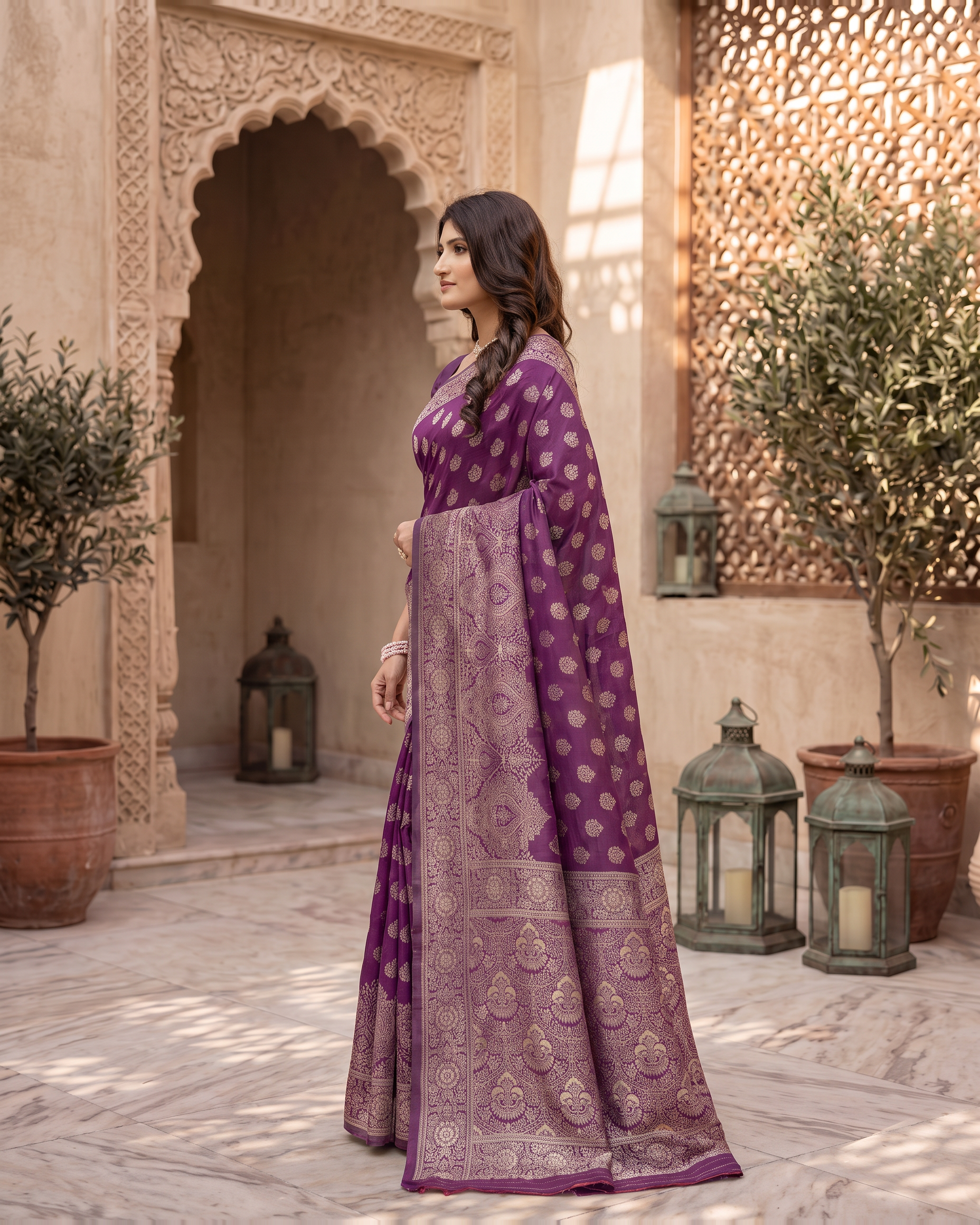 Charulata Medallion Motif Silk Saree - Wine - side drape