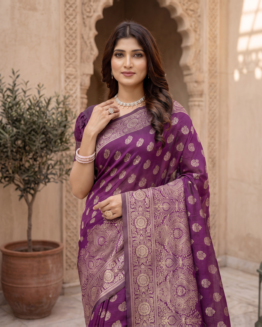 Charulata Medallion Motif Silk Saree - Wine - upper closeup