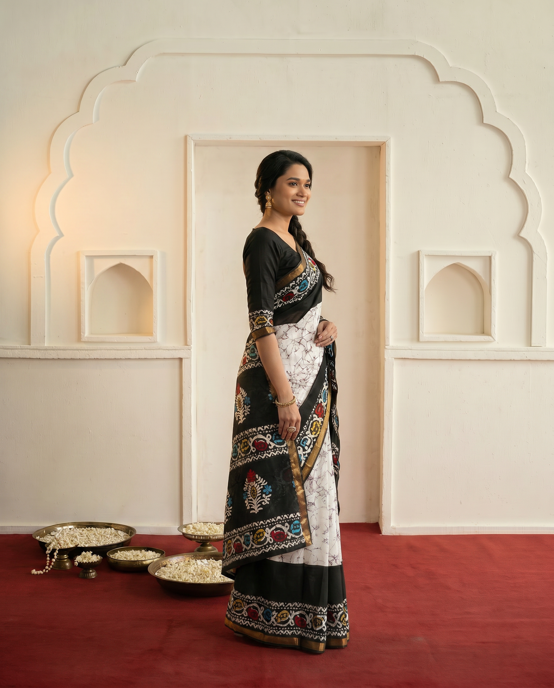 Chic Black & White Printed Pure Cotton Saree with Multicolor Accents - output 0 - 03 side