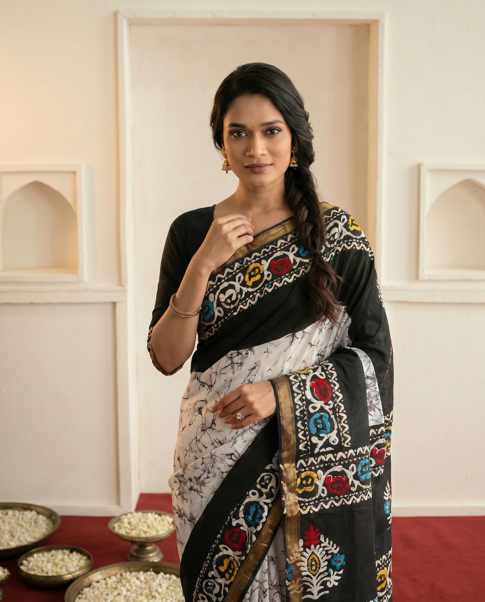 Chic Black & White Printed Pure Cotton Saree with Multicolor Accents - output 0 - 04 upper closeup